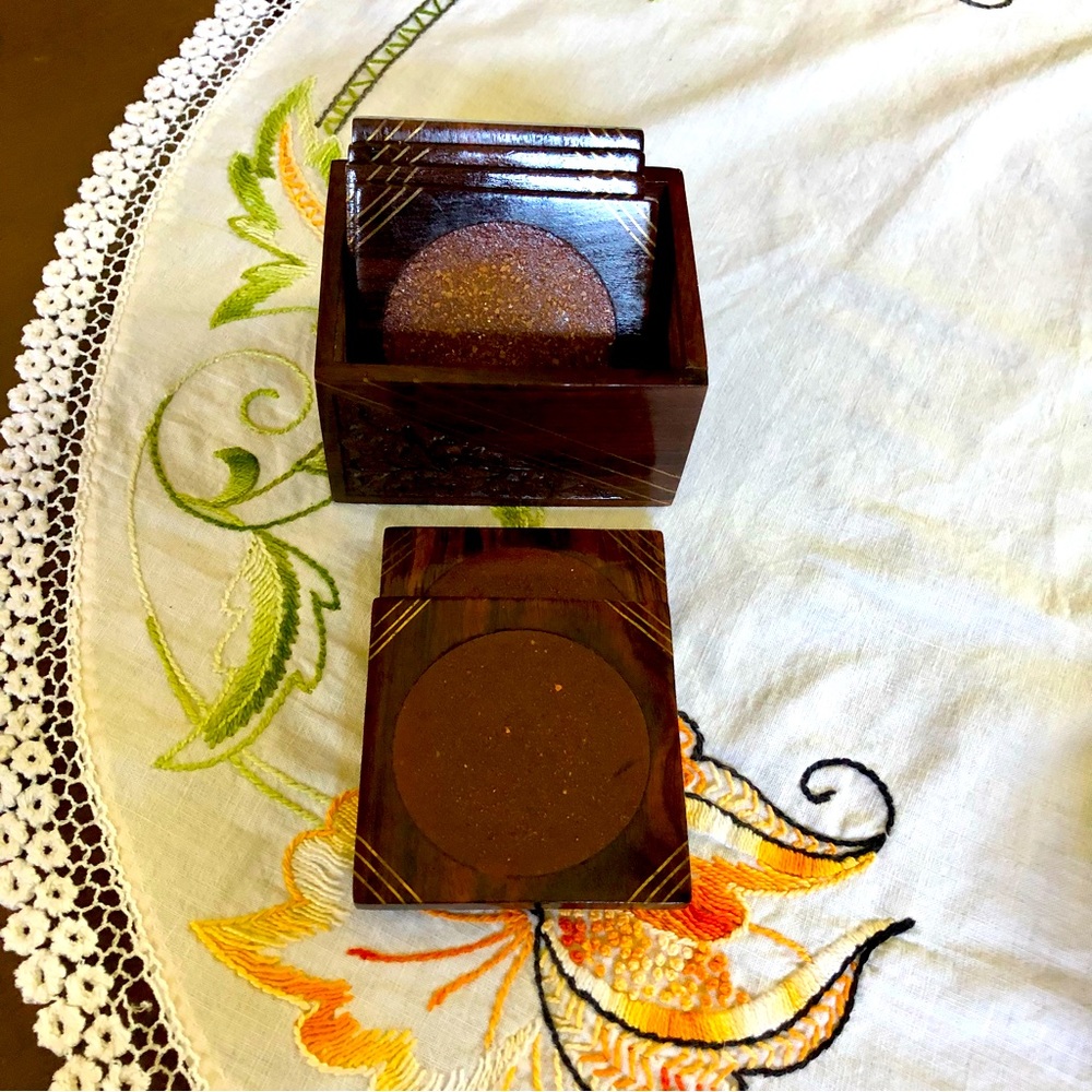 Vintage Rosewood Box with Set of Six Coasters. Brass Inlay and Floral Carving